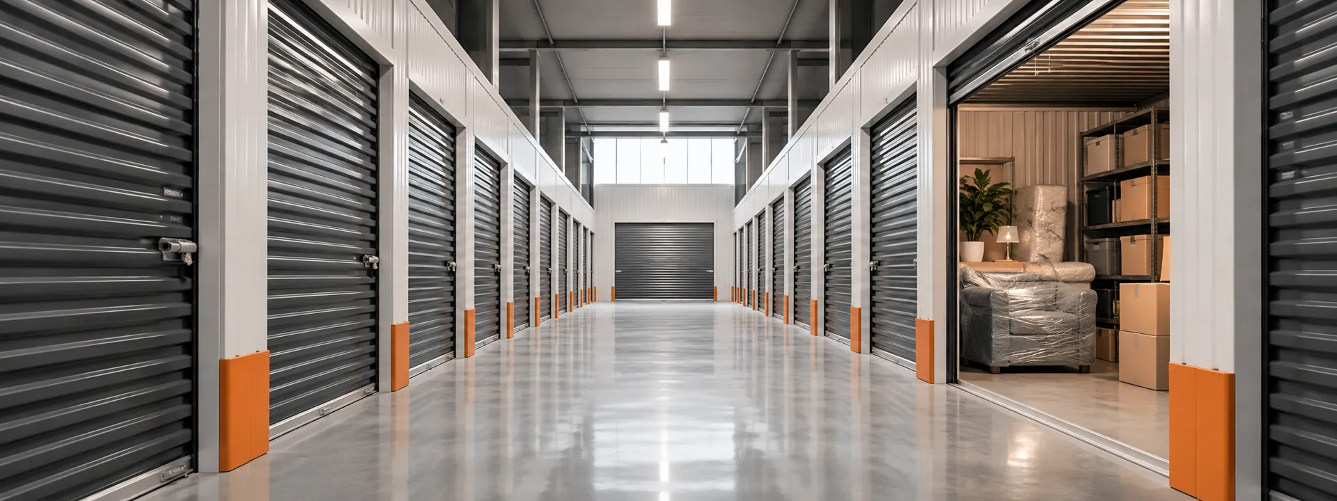 Clean modern storage corridor with secure units and neatly protected furniture
