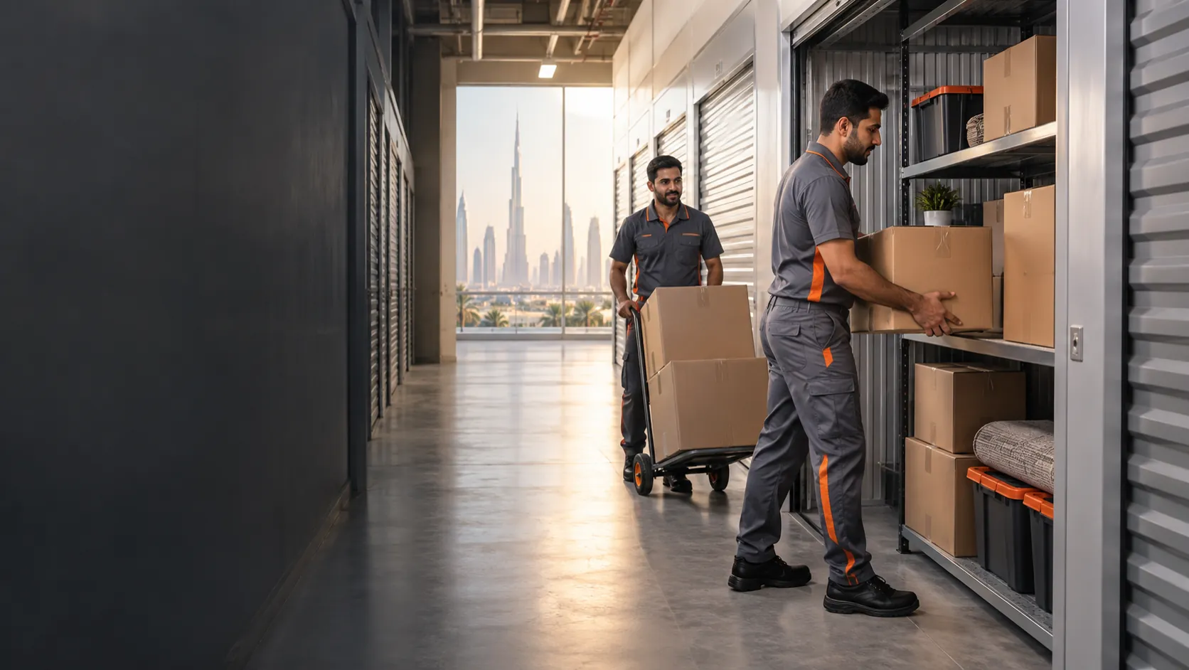 Professional storage team arranging boxes inside a modern Dubai storage facility